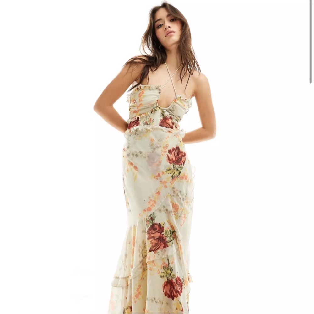 ASOS Halter Ruffle‎ Floral Maxi Dress Size 12 Cream